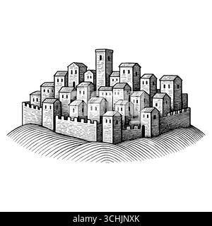 La Terre Sainte : une vue panoramique sur le coucher du soleil de l'ancienne ville biblique de Bethléem ou Nazareth avec l'architecture traditionnelle en pierre, des palmiers, et un salut Illustration de Vecteur