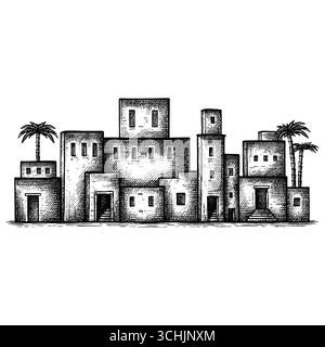 La Terre Sainte : une vue panoramique sur le coucher du soleil de l'ancienne ville biblique de Bethléem ou Nazareth avec l'architecture traditionnelle en pierre, des palmiers, et un salut Illustration de Vecteur