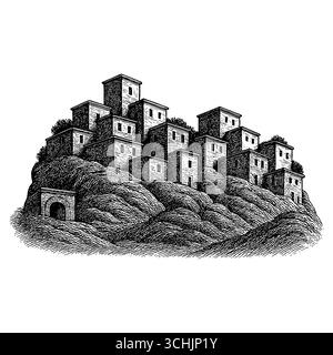 La Terre Sainte : une vue panoramique sur le coucher du soleil de l'ancienne ville biblique de Bethléem ou Nazareth avec l'architecture traditionnelle en pierre, des palmiers, et un salut Illustration de Vecteur
