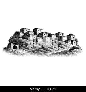 La Terre Sainte : une vue panoramique sur le coucher du soleil de l'ancienne ville biblique de Bethléem ou Nazareth avec l'architecture traditionnelle en pierre, des palmiers, et un salut Illustration de Vecteur