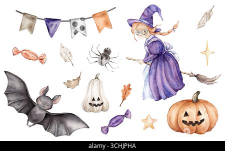 Clipart aquarelle pour Halloween avec sorcière dans les couleurs violet et marron orange. Ensemble d'illustration dessiné à la main de chauve-souris, araignée, bonbons pour enfantin Banque D'Images