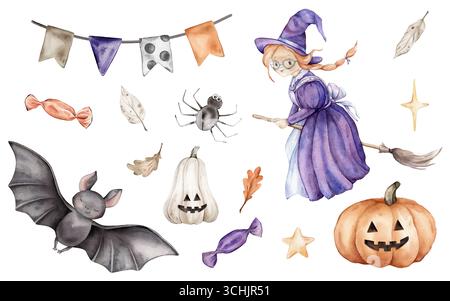 Clipart aquarelle pour Halloween avec sorcière dans les couleurs violet et marron orange. Ensemble d'illustration dessiné à la main de chauve-souris, araignée, bonbons pour enfantin Banque D'Images