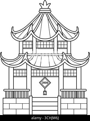Page de coloriage isolée de Temple chinois pour enfants Illustration de Vecteur