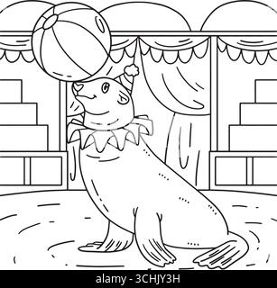 Cirque animal Sea lion Balancing Ball Coloriage Illustration de Vecteur