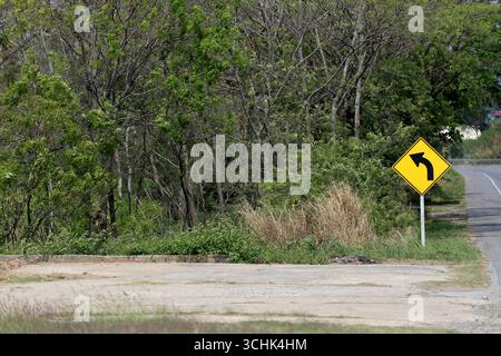 Un panneau routier jaune vif indique un virage à droite, entouré de verdure luxuriante et d'arbres. La scène capture l'essence du voyage rural et sûr Banque D'Images