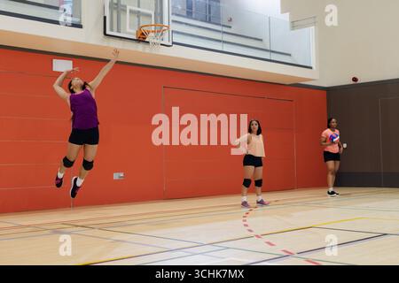Équipe féminine diversifiée pratiquant le volley-ball sur un terrain de gymnastique avec genouillères près du cerceau, espace de copie Banque D'Images