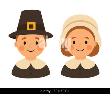 Une paire de pèlerins. Motif Thanksgiving. Fond blanc isolé. Illustration vectorielle de style plat. Illustration de Vecteur