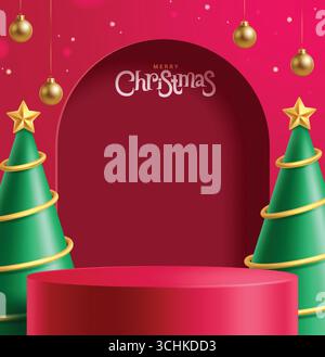 Joyeux Noël rouge podium clipart design d'affiche. Voeux de Noël en papier rouge coupé arrière-plan clip art avec scène de plate-forme, sapin élégant Illustration de Vecteur