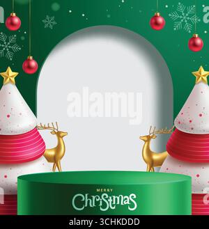 Joyeux Noël vert podium clipart design de fond. Podium vert avec joyeux voeux de Noël, sapin mignon, renne, boules suspendues rouges Illustration de Vecteur