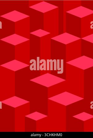 un motif abstrait de cubes tridimensionnels et de prismes rectangulaires dans différentes nuances de rouge. Banque D'Images