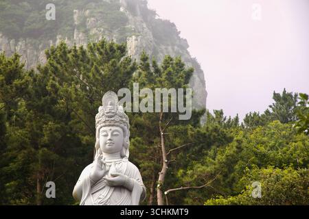 Une statue sereine de Bodhisattva se dresse parmi les pins sous les falaises de la montagne Sanbang au temple Bomunsa à Seogwipo, les mains levées dans un geste d'enseignement comme Banque D'Images