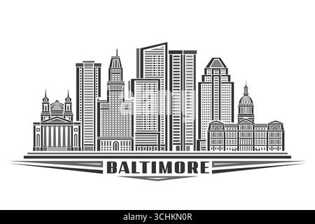 Illustration vectorielle de Baltimore, carte horizontale monochrome avec design linéaire célèbre paysage de ville de baltimore, concept urbain d'art de ligne avec le décoratif Illustration de Vecteur