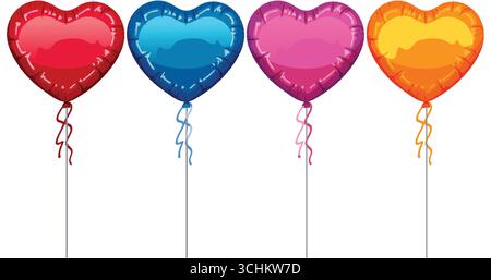 Illustration vectorielle de ballons cœurs brillants en rouge, bleu, rose et orange avec des rubans Illustration de Vecteur