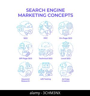 Icônes de concept de gradient bleu de marketing de moteur de recherche Illustration de Vecteur