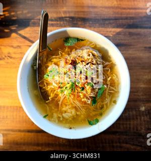 Soupe de nouilles indonésiennes avec poulet, herbes et légumes dans un bouillon salé, authentique cuisine de rue asiatique servie chaude dans un bol Banque D'Images