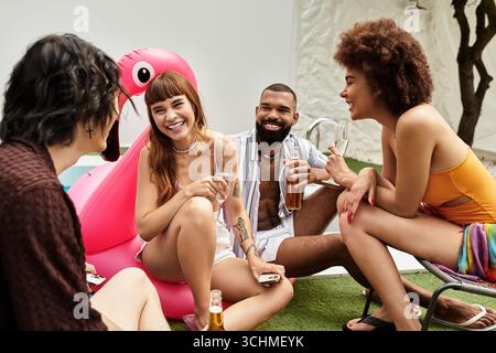 Groupe diversifié d'amis appréciant les boissons et la conversation au bord de la piscine, célébrant la vie commune. Banque D'Images