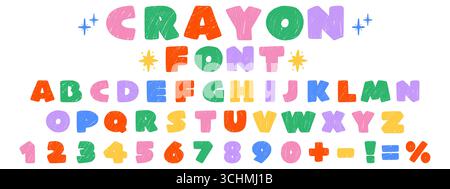 Alphabet crayon coloré lumineux, lettres et chiffres dessinés à la main pour enfants. Police doodle ludique. Texture craie et crayon. Illustration de Vecteur
