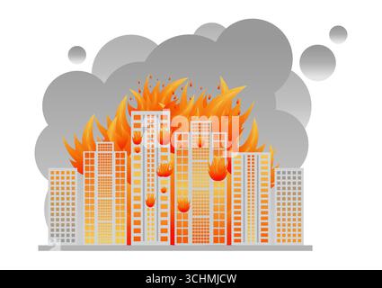 Construire sur le feu. Bâtiment brûlant. Gratte-ciel en feu de guerre, tremblement de terre, explosion de bombe. Illustration vectorielle. Illustration de Vecteur