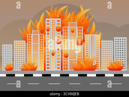 Construire sur le feu. Bâtiment brûlant. Gratte-ciel en feu de guerre, tremblement de terre, explosion de bombe. Illustration vectorielle. Illustration de Vecteur