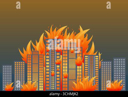 Construire sur le feu. Bâtiment brûlant. Gratte-ciel en feu de guerre, tremblement de terre, explosion de bombe. Illustration vectorielle. Illustration de Vecteur