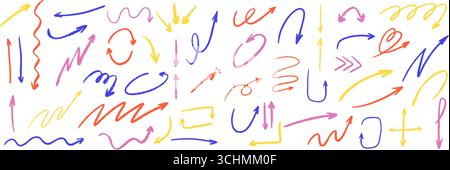 Flèches colorées en crayon. Ensemble de doodle dessiné à la main avec des traits courbes, ondulés, en spirale et esquissés. Illustration de Vecteur