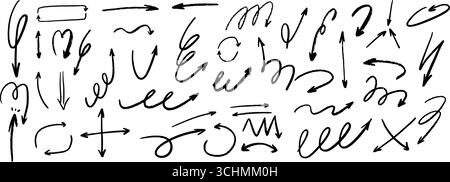 Crayon dessiné à la main et crayon flèche ensemble. Lignes crayeuses rayées et pointeurs fantaisistes. Illustration de Vecteur