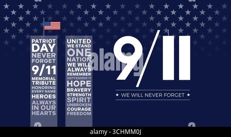 9 11 USA Never Forget 11 septembre 2001. Illustration typographique conceptuelle vectorielle avec le drapeau des États-Unis pour 911 messages de médias sociaux du Patriot Day Memorial, ev Illustration de Vecteur