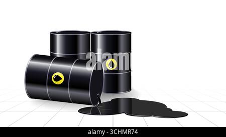 Barils noirs avec pétrole brut, produits pétroliers. Flaque de pétrole brut renversée. Baril en métal noir réaliste pour le carburant. Concept de crise des prix en baisse Illustration de Vecteur