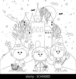 Tour d'Halloween ou tétine les enfants dans un château hanté. Bande dessinée effrayante Halloween monstre enfants, vampires et sorcières. Fête costumée. Illustration de Vecteur