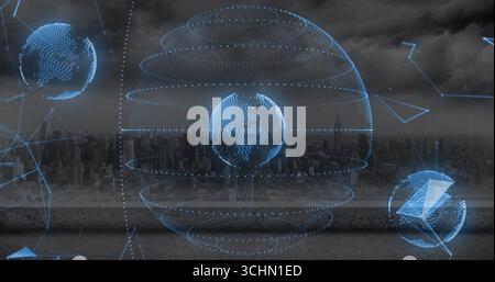 Projection d'un globe holographique central planant au-dessus du toit surplombant la skyline avec des nœuds de réseau Banque D'Images