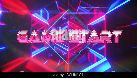 Affichage du texte de début de jeu néon pulsant dans un couloir virtuel, avec des cadres géométriques et des reflets Banque D'Images