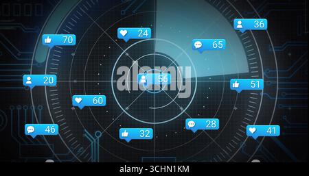 Mise en évidence d'une grille de type radar affichant les métriques sociales sur fond de circuit, avec des badges bleus Banque D'Images