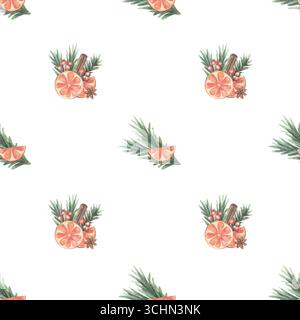 Tranches d'orange, bâton de cannelle, anis étoilé, baies, branches de sapin. Motif sans couture aquarelle peint à la main isolé sur blanc pour le décor de Noël Banque D'Images