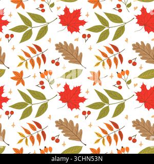 Motif d'automne sans couture avec un mélange de feuilles d'automne colorées et de baies rouges. Comprend des feuilles d'érable, de chêne, de châtaigne et de rowan dans des tons chauds de rouge Illustration de Vecteur