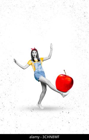 Dessin de tendance montage collage 3D de jeune femme confus stand balance une jambe tenir pomme fruit noir vendredi septembre octobre Banque D'Images
