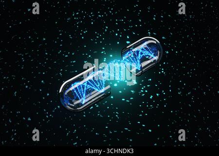 Brin d'ADN brillant bleu à l'intérieur d'une capsule transparente ouverte sur un fond sombre dispersé de particules. Développement pharmaceutique Banque D'Images