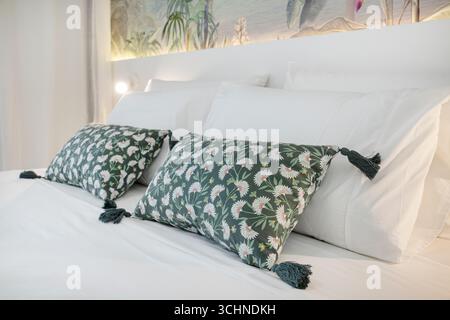Lit double matrimonial soigné avec draps blancs et coussins décoratifs verts accentués, atmosphère accueillante de la chambre Banque D'Images