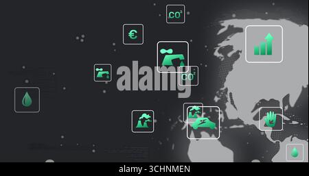 Affichage de la carte du monde montrant les données d'économie écologique sur l'interface sombre, avec des icônes métriques, espace de copie Banque D'Images