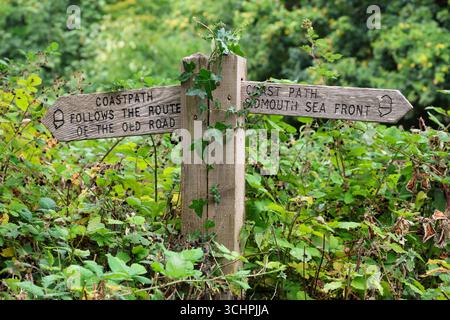 Panneau de signalisation traditionnel en bois, envahi par la végétation, sur le sentier côtier à l'extérieur de Sidmouth, East Devon Banque D'Images
