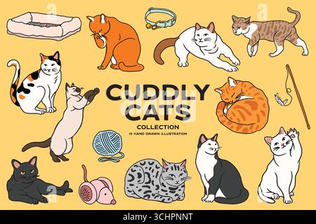 Chats câlins illustration dessinée à la main Illustration de Vecteur