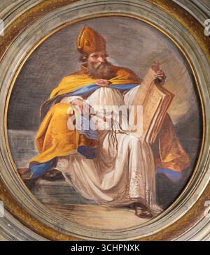 ROME, ITALIE - 29 AOÛT 2021 : la fresque d'Ambrose au plafond dans l'église Chiesa ID san Giuseppe alla Lungara de Vincenzo Paliotti (1859) Banque D'Images