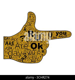 Êtes-vous OK nuage de mot dans l'icône de main pointant, remplissage or avec lettrage noir sur l'icône de fond blanc Banque D'Images