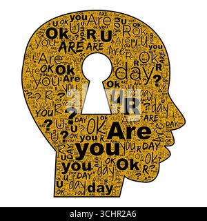 Êtes-vous OK nuage de mot dans la tête humaine avec le symbole de trou de serrure, remplissage or et texte noir sur la touche espace blanc Banque D'Images