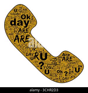 Êtes-vous OK nuage de mots en forme de combiné téléphonique, remplissage or et texte noir sur fond blanc icônes Banque D'Images