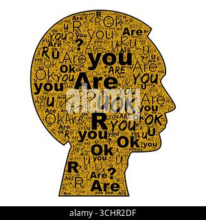 Êtes-vous OK nuage de mot dans la silhouette de profil de tête masculine, champ d'or et typographie noire sur l'icône blanche Banque D'Images
