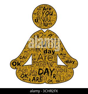 Êtes-vous OK nuage de mot dans la silhouette de pose zen, remplissage d'or avec la typographie en gras noir sur fond blanc Banque D'Images