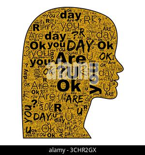 Êtes-vous OK nuage de mot dans le profil rond silhouette or remplissage avec texte noir gras sur fond blanc Banque D'Images