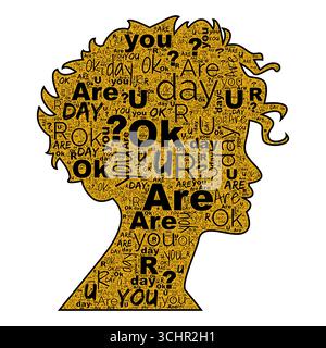 Êtes-vous OK nuage de mot dans la silhouette de tête de cheveux bouclés remplissage or avec le type noir gras sur fond blanc Banque D'Images