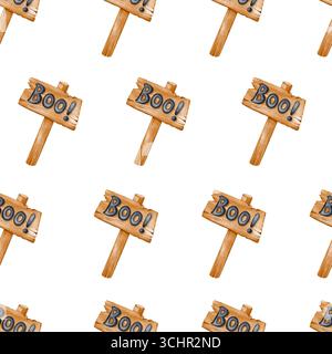 Motif sans couture avec des signes en bois avec texte 'boo' dans un style aquarelle mignon. Parfait pour les textiles sur le thème d'Halloween, la papeterie, le papier d'emballage Banque D'Images