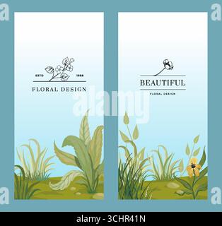 Affiche florale. Fleurs de prairie. Floraison de fleurs sauvages. Feuillage végétal. Logo élégant de la marque Line. Champ d'été. Esquissez les feuilles et l'inscription. Modèle de brochure cosmétique naturelle. Jeu de bannières de conception vectorielle Illustration de Vecteur